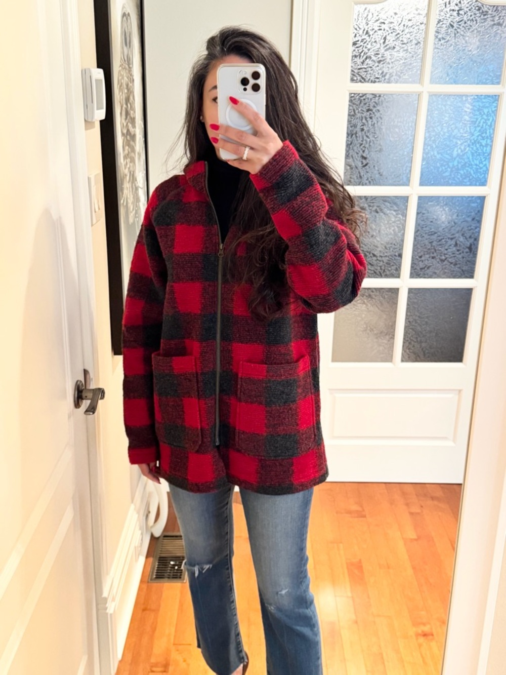 NWOT. Woolrich Red and Black Buffalo Check Wool Blend Zip Jacket with Hood